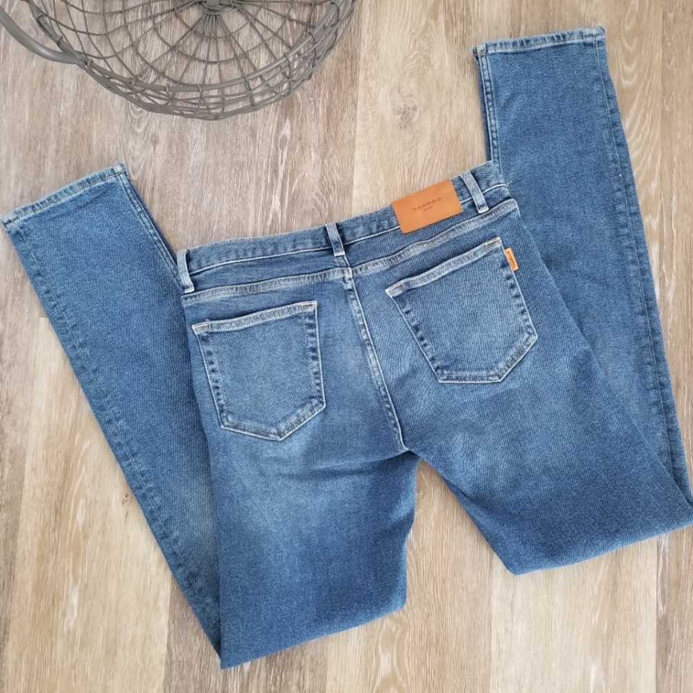 Sandro Button Fly Slim Straight Leg Denim Blue Jeans sz 30 Stretch